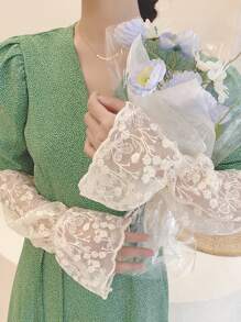 1pair Women Floral Embroidered Ruffle Trim Sun Protection Arm Sleeves For Outdoor Valentine's Day