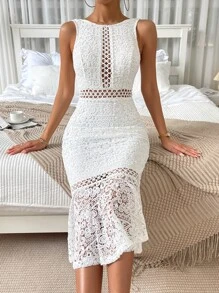 SHEIN Privé 提花蕾絲魚尾裙下擺洋裝 - 白色 - 查看 3