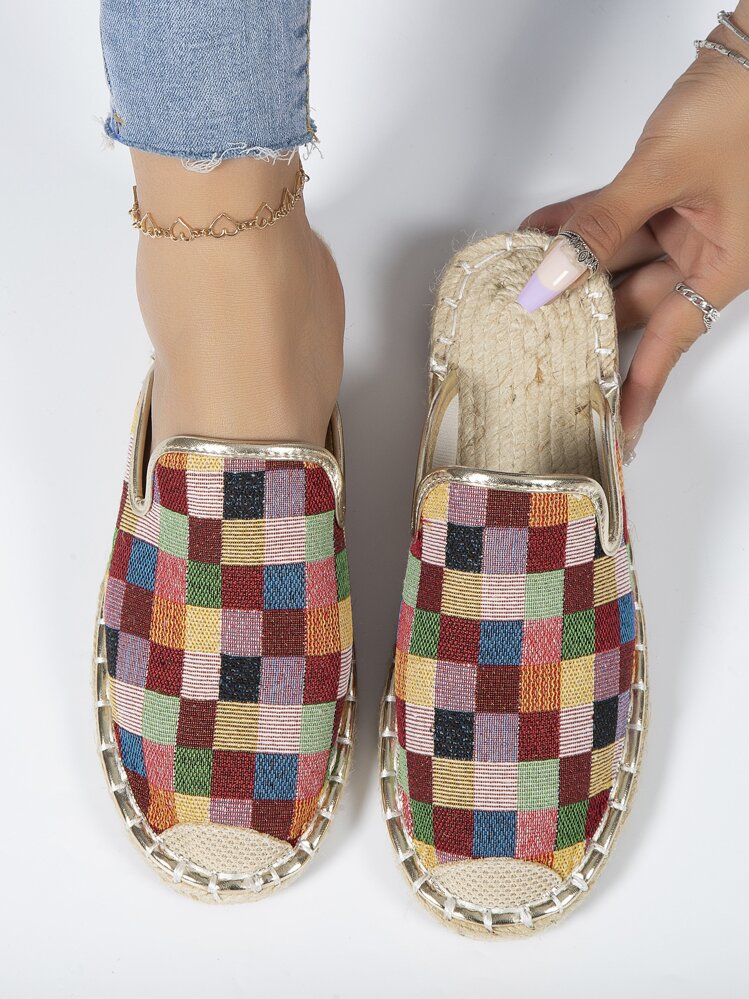 Women Plaid Pattern Mules, Espadrille Vacation Flats - Multicolor - View 1