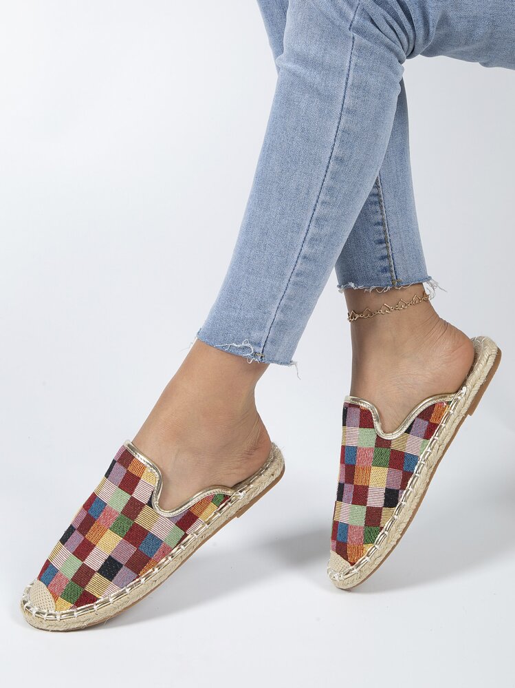 Women Plaid Pattern Mules, Espadrille Vacation Flats - Multicolor - View 4