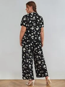 SHEIN Frenchy Plus Allover Floral Print Shirt & Wide Leg Trousers - Multicolor - View 3