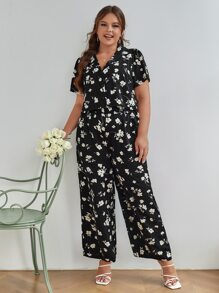 SHEIN Frenchy Plus Allover Floral Print Shirt & Wide Leg Trousers - Multicolor - View 1