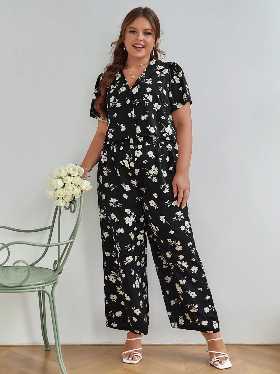 SHEIN Frenchy Plus Allover Floral Print Shirt & Wide Leg Trousers - Multicolor - View 1