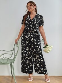 SHEIN Frenchy Plus Allover Floral Print Shirt & Wide Leg Trousers - Multicolor - View 4