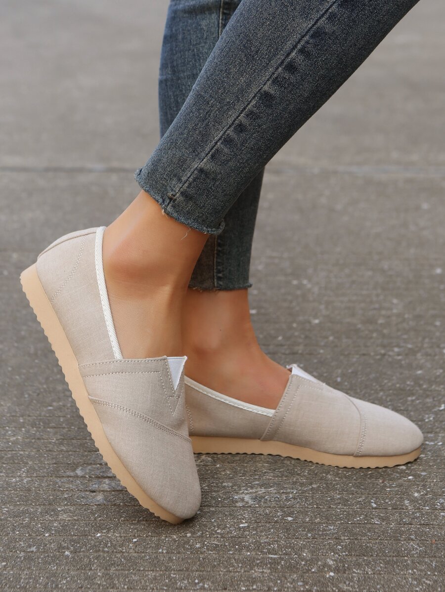 Giày đế bằng vải canvas mũi tròn cổ điển mềm mại thoải mái dành cho nữ, giản dị và đa năng - Màu be - Xem 1