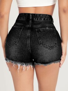 SHEIN PETITE 破洞原色毛邊牛仔短褲，小碼女款 - 黑色 - 查看 2