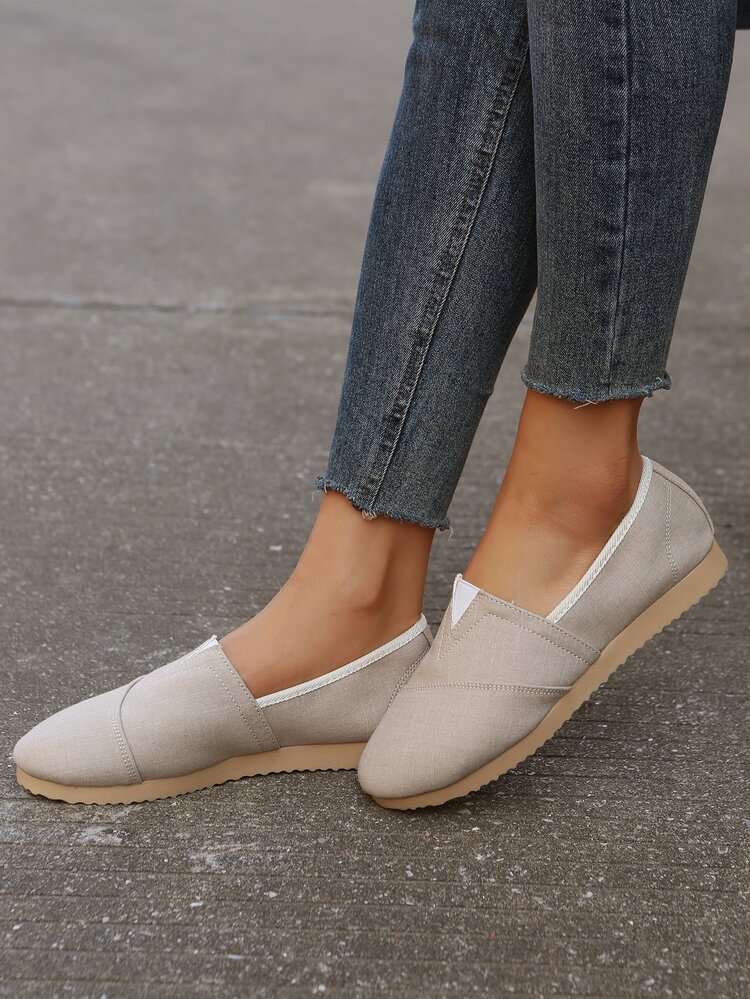 Giày đế bằng vải canvas mũi tròn cổ điển mềm mại thoải mái dành cho nữ, giản dị và đa năng - Màu be - Xem 6