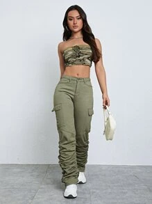 SHEIN EZwear Flap Pocket Side Stacked Jeans - Army Green - View 3