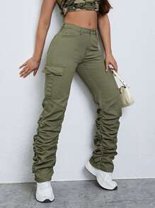 SHEIN EZwear Flap Pocket Side Stacked Jeans - Army Green - View 5