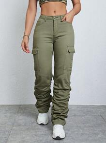 SHEIN EZwear Flap Pocket Side Stacked Jeans - Army Green - View 6