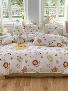 4pcs/set Cartoon Animal Pattern Duvet Cover Set (1pc Comforter Cover, 2pcs Pillowcase, 1pc Flat Sheet), Cute Polyester Bedding Set For Home - Multicolor - View 1