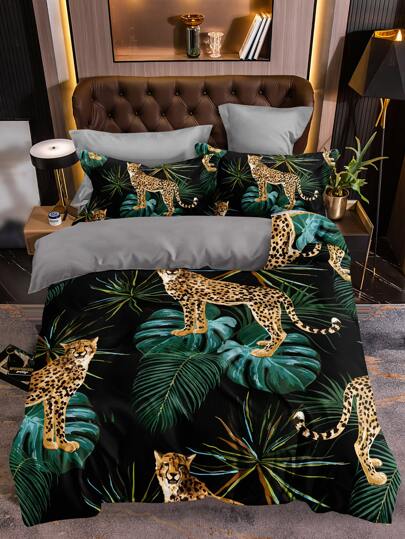3 قطع / مجموعة غطاء لحاف بنمط استوائي ونمر النمر (1 قطعة غطاء لحاف ، 2 قطعة وسادة) ، مجموعة أغطية سرير قماشية حديثة للمنزل
