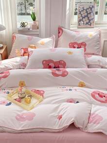 4pcs/set Floral Pattern Duvet Cover Set Without Filler, Modern Polyester Breathable Duvet Cover Set (1pc Comforter Cover, 2pcs Pillowcase & 1pc Flat Sheet), For Home - Multicolor - View 3