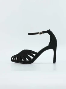 女士鏤空細跟優雅黑色仿麂皮踝帶平底涼鞋適用於夏天 - 黑色 - 查看 4