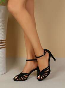 女士鏤空細跟優雅黑色仿麂皮踝帶平底涼鞋適用於夏天 - 黑色 - 查看 6