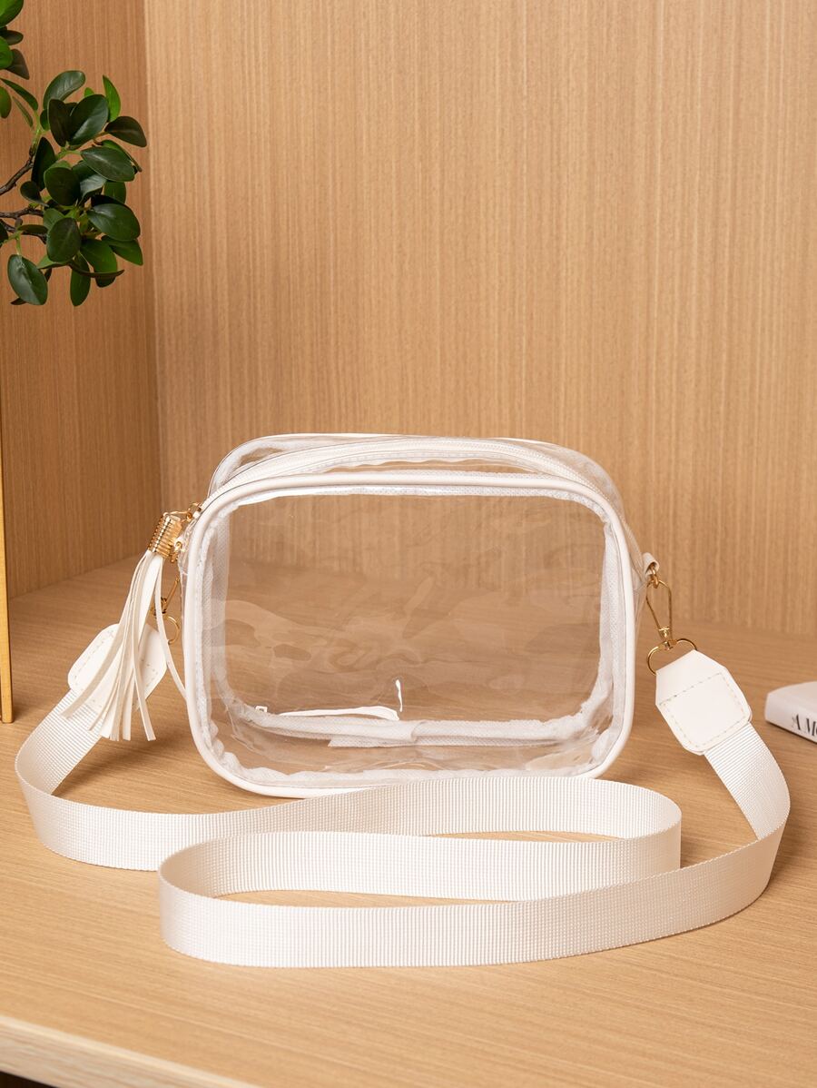 透明方形包裝，對比綁定小拉鍊，防水、防沙透明袋，針對女性的海灘運動野餐零食通透手提包 - 白色 - 查看 1