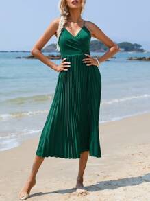 SHEIN VCAY Solid Pleated Hem Cami Dress