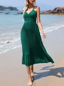SHEIN VCAY Solid Pleated Hem Cami Dress