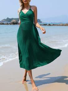 SHEIN VCAY Solid Pleated Hem Cami Dress