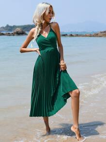 SHEIN VCAY Solid Pleated Hem Cami Dress