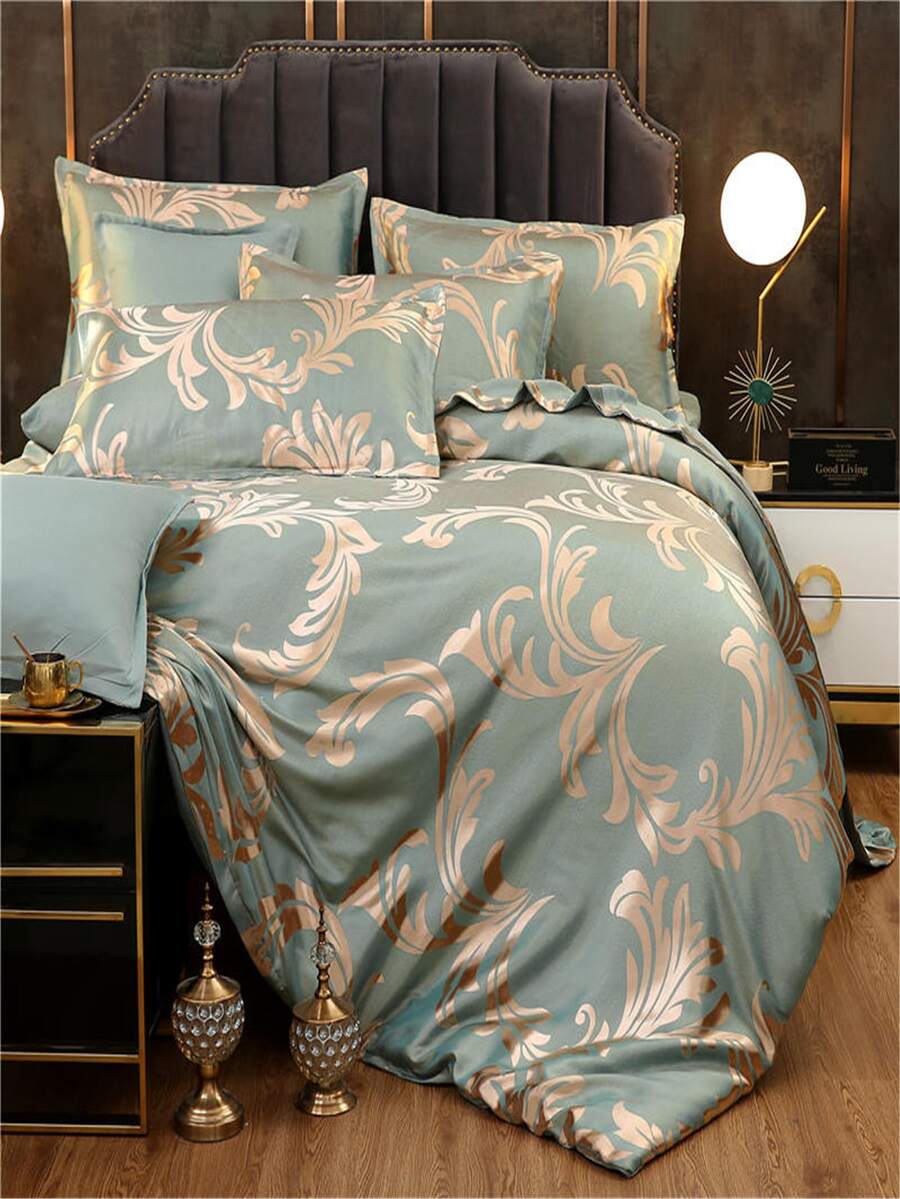 4pcs/set Scroll Pattern Duvet Cover Set (1pc Comforter Cover, 2pcs Pillowcase, 1pc Flat Sheet), European Style Polyester Bedding Set For Home - Green - View 1