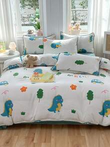 4 piezas / set de funda nórdica con patrón floral y dinosaurio de dibujos animados sin relleno, Set de funda nórdica transpirable de poliéster moderno (1 funda de edredón, 2 fundas de almohada y 1 sábana encimera), para el hogar - Multicolor - Ver 1