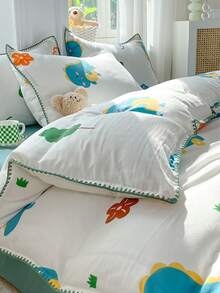 4 piezas / set de funda nórdica con patrón floral y dinosaurio de dibujos animados sin relleno, Set de funda nórdica transpirable de poliéster moderno (1 funda de edredón, 2 fundas de almohada y 1 sábana encimera), para el hogar - Multicolor - Ver 9