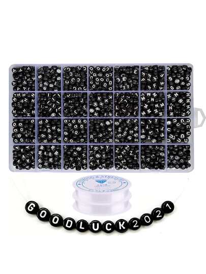 約 1000 顆/盒 4x7 毫米黑色圓形壓克力字母珠 Az 和數字珠適合女士和女孩首飾製作