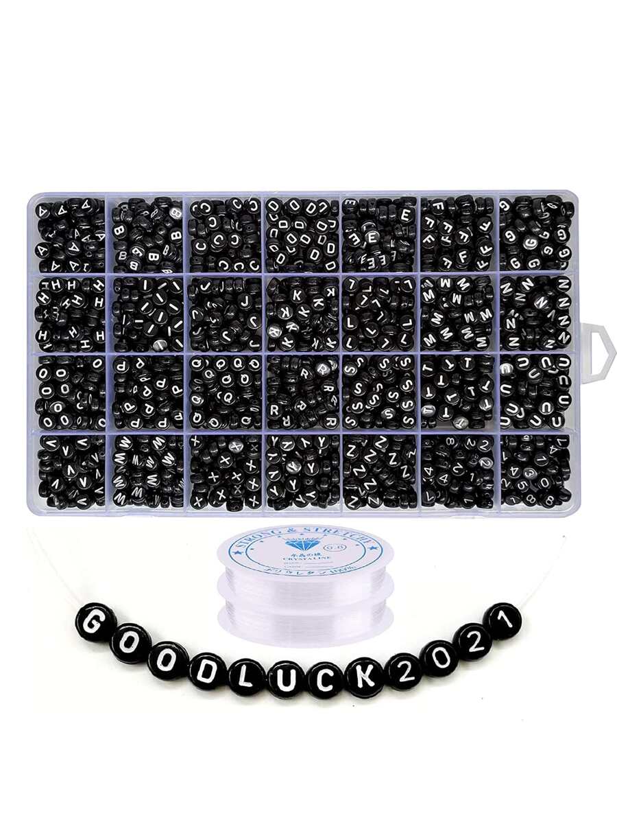 約 1000 顆/盒 4x7 毫米黑色圓形壓克力字母珠 Az 和數字珠適合女士和女孩首飾製作 - 黑色 - 查看 1