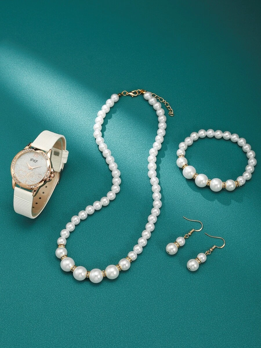 1入組白色PU聚氨酯帶魅力四射水鑽裝飾圓形錶盤石英表和4入組人造珍珠裝飾首飾套裝,適用於日常生活 - 白色 - 查看 1