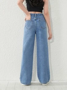 Tween Girl Y2K Street Daily Elastic Waist  Straight Jeans With Flat Pockets, Girls Daily OOTD Outfits - Medium Wash - View 2