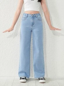SHEIN TWEEN GIRL All-Match Casual Street Style Academy Flair 5-Pocket Elastic Waist Chopped Snowflake Jeans, Classic Fashionable Denim Clothing For All Seasons, For Christmas
