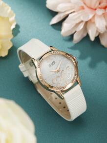 1入組白色PU聚氨酯帶魅力四射水鑽裝飾圓形錶盤石英表和4入組人造珍珠裝飾首飾套裝,適用於日常生活 - 白色 - 查看 3