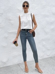 SHEIN Essnce Áo sơ mi nữ Nút Xù màu trơn Giải trí - trắng - Xem 6