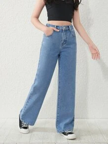 Tween Girl Y2K Street Daily Elastic Waist  Straight Jeans With Flat Pockets, Girls Daily OOTD Outfits - Medium Wash - View 3