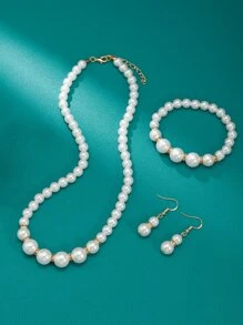 1入組白色PU聚氨酯帶魅力四射水鑽裝飾圓形錶盤石英表和4入組人造珍珠裝飾首飾套裝,適用於日常生活 - 白色 - 查看 4