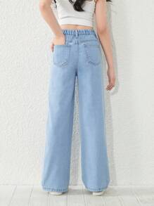SHEIN TWEEN GIRL All-Match Casual Street Style Academy Flair 5-Pocket Elastic Waist Chopped Snowflake Jeans, Classic Fashionable Denim Clothing For All Seasons, For Christmas