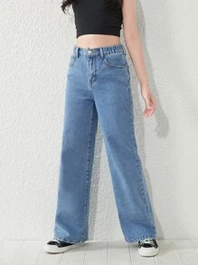 Tween Girl Y2K Street Daily Elastic Waist  Straight Jeans With Flat Pockets, Girls Daily OOTD Outfits - Medium Wash - View 4