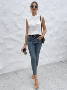 SHEIN Essnce Áo sơ mi nữ Nút Xù màu trơn Giải trí - trắng - Xem 7