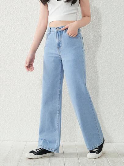 SHEIN TWEEN GIRL 百搭休闲现代街头风格酸洗五口袋直筒牛仔裤，百搭时尚的牛仔布，全年必备