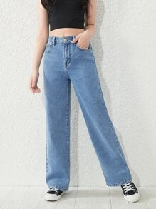 Tween Girl Y2K Street Daily Elastic Waist  Straight Jeans With Flat Pockets, Girls Daily OOTD Outfits - Medium Wash - View 5