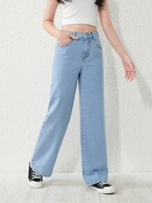 SHEIN TWEEN GIRL All-Match Casual Street Style Academy Flair 5-Pocket Elastic Waist Chopped Snowflake Jeans, Classic Fashionable Denim Clothing For All Seasons, For Christmas