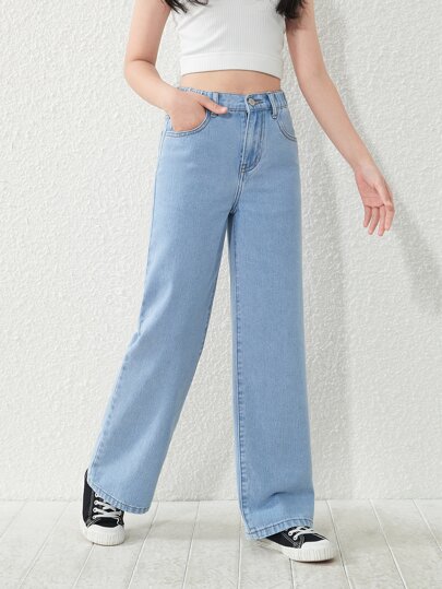 SHEIN TWEEN GIRL 百搭休闲现代街头风格酸洗五口袋直筒牛仔裤，百搭时尚的牛仔布，全年必备