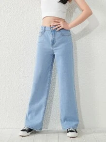 SHEIN TWEEN GIRL All-Match Casual Street Style Academy Flair 5-Pocket Elastic Waist Chopped Snowflake Jeans, Classic Fashionable Denim Clothing For All Seasons, For Christmas