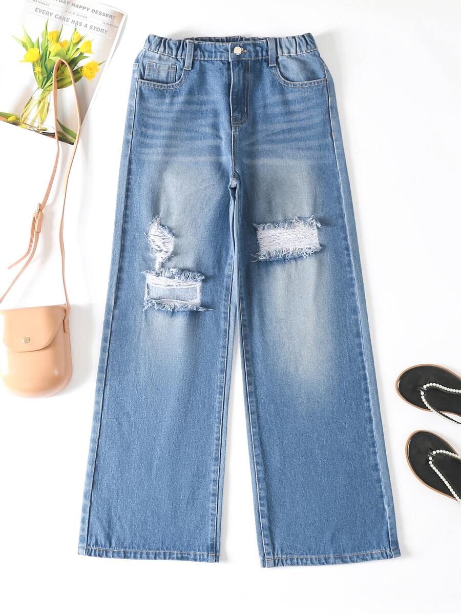 SHEIN Teen Girls Ripped Wide Leg Jeans - Medium Wash - View 1