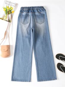 SHEIN Teen Girls Ripped Wide Leg Jeans - Medium Wash - View 2