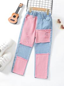Toddler Girls Quần Jeans Túi Bị tách Khối Màu - Nhiều màu - Xem 1