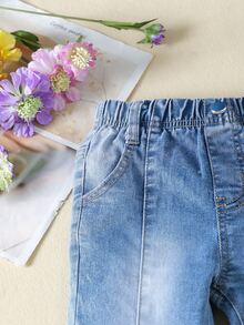 Toddler Girls Floral Embroidery Raw Hem Flare Leg Jeans - Medium Wash - View 5