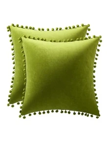 1 Vỏ Gối Nhung Có Đồ Trang Trí Pom-pom, Vỏ Gối Trang Trí Rắn Mềm Cho Ghế Dài, Phòng Khách, Ghế Sofa, Phòng Ngủ, Xe Hơi, 18x18 Inch/45x45cm - Màu xanh Bạc hà - Xem 1