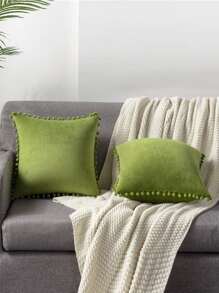 1 Vỏ Gối Nhung Có Đồ Trang Trí Pom-pom, Vỏ Gối Trang Trí Rắn Mềm Cho Ghế Dài, Phòng Khách, Ghế Sofa, Phòng Ngủ, Xe Hơi, 18x18 Inch/45x45cm - Màu xanh Bạc hà - Xem 4